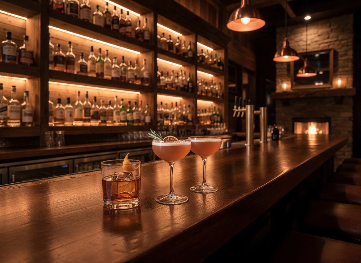 Backlit bar with whiskey shelf and craft cocktails