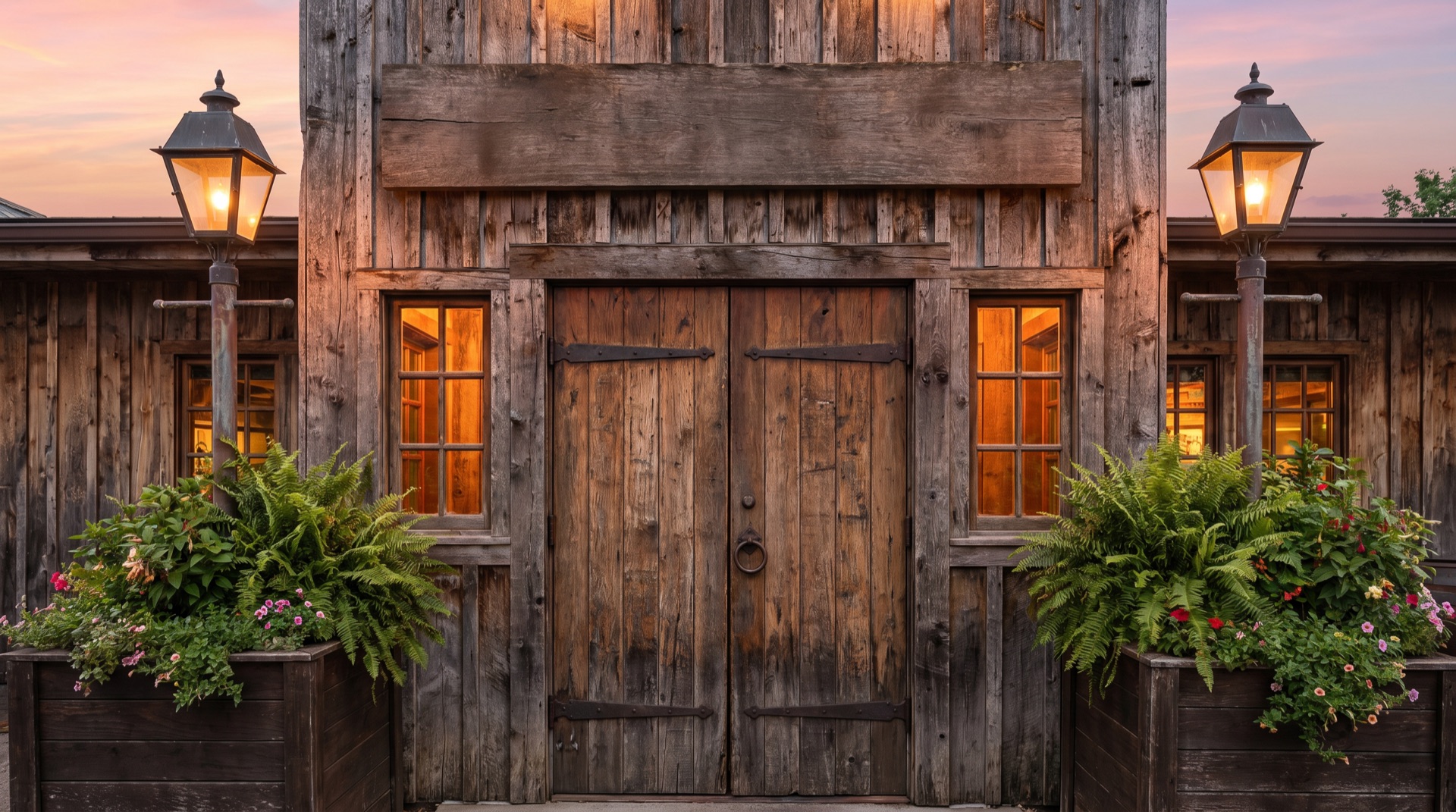 Rustic tavern entrance at golden hour with gas lamps and wooden doors