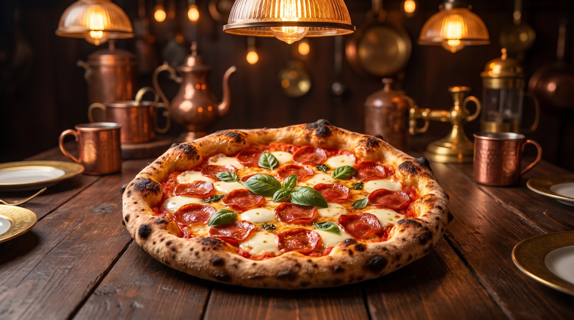 Wood-fired pepperoni pizza on a rustic walnut tavern table